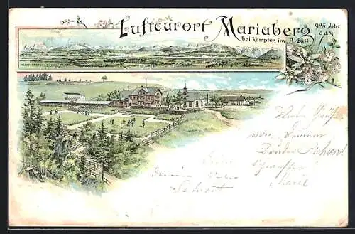 Lithographie Mariaberg bei Kempten, Gasthof und Kirche, Alpenpanorama