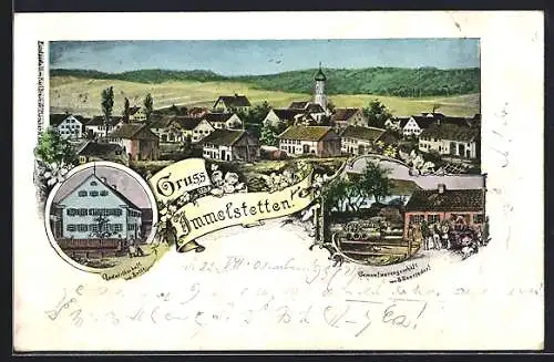 Lithographie Immelstetten, Gasthaus von Ertle, Zementwarengeschäft von Ellenrieder, Totalansicht