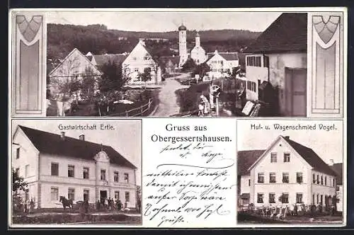 AK Obergessertshausen, Gasthaus Ertle, Huf- und Wagenschmied Vogel, Strassenpartie