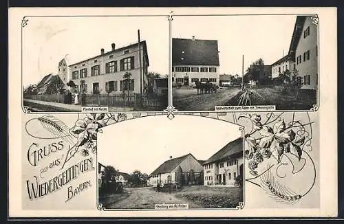 AK Wiedergeltingen /Bayern, Gasthof zum Adler mit Strassenpartie, Handlung von Al. Reiber, Pfarrhof mit Kirche