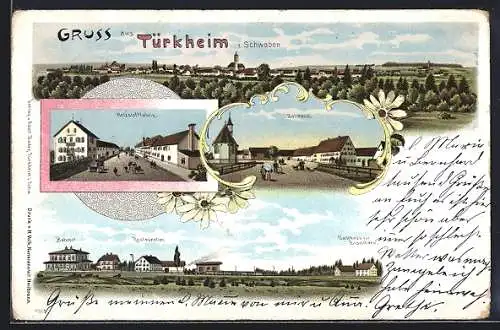 Lithographie Türkheim i. Schwaben, Holzstofffabrik, Zollhaus, Gasthaus zur Eisenbahn, Restaurant