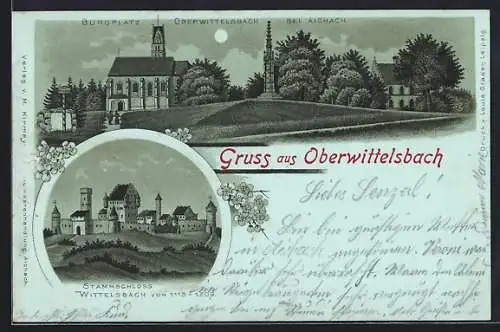 Mondschein-Lithographie Oberwittelsbach bei Aichach, Burgplatz und Blick auf das Stammschloss