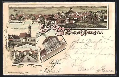 Lithographie Ziemetshausen, Wallfahrtskirche Vesperbild, Schloss Seyfriedsberg und Rathaus