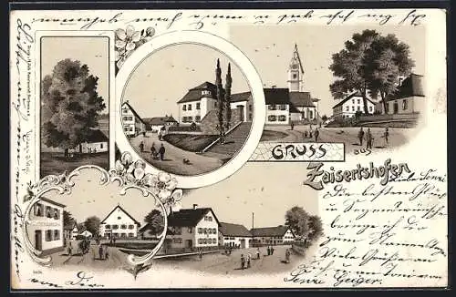 Lithographie Zaisertshofen, Kirche, Strassenpartie, Gasthaus