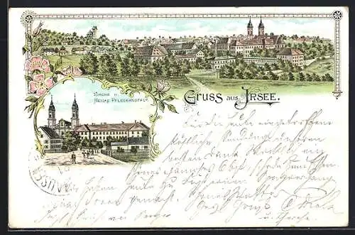 Lithographie Irsee, Heil- und Pfelgeanstalt mit Kirche, Totalansicht