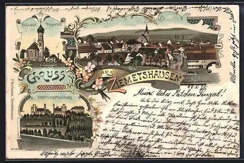 Lithographie Ziemetshausen, Schloss Seyfriedsberg, Wallfahrt Vesperbild und Teilansicht