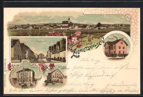 Lithographie Ziemetshausen, Eberhardt`sches Geschäftshaus, Forsthaus, Rathhaus, Hauptstrasse, Ortsansicht