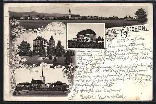 Lithographie Edesheim / Pfalz, Edesheimer Schloss, Kirche und Panorama