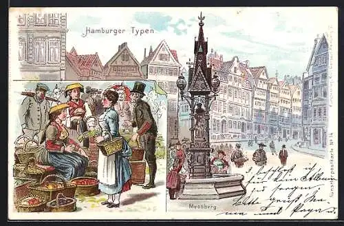 Lithographie Hamburg, Messberg mit Markt-Verkaufsständen