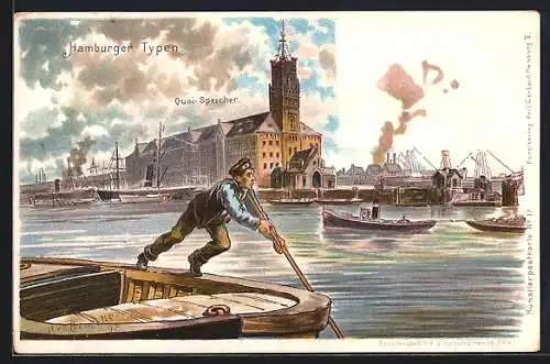 AK Hamburg, Quai-Speicher mit Fährmann