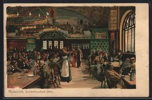 Künstler-Lithographie Paul Hey: München, Saal des Gasthofes Hofbräuhaus