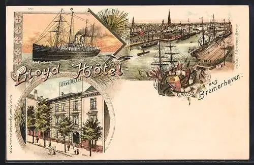 Lithographie Bremerhaven, Lloyd Hotel und Hafenpartie mit Segelschiffen