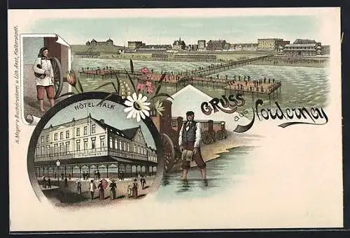 Lithographie Norderney, Hotel Falk von H. Hoffmann, Seebrücke und Strand