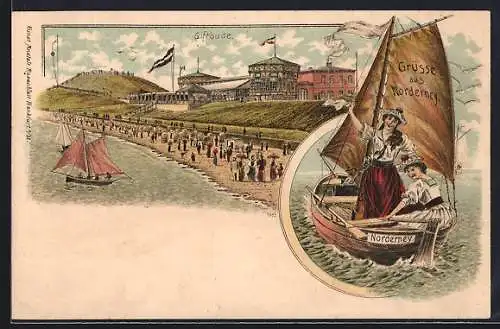 Lithographie Norderney, Zwei Frauen im Segelboot, Giftbude, Strandpartie