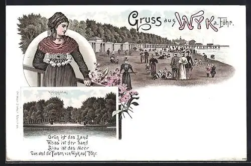 Lithographie Wyk a. Föhr, Strandbad, Königsgarten und Dame in Tracht