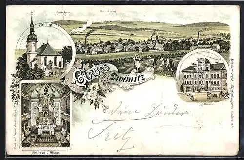 Lithographie Zwönitz, Rathaus, Kirche mit Innenansicht, Totalansicht