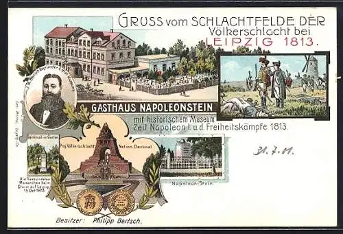 Lithographie Leipzig, Gasthaus Napoleonstein mit historischem Museum Zeit Napoleon I. u. d. Freiheitskämpfe 1813