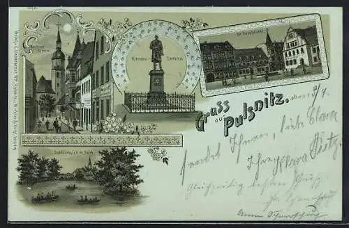 Mondschein-Lithographie Pulsnitz, Hauptmarkt, Schlossteich im Park, Blick zur Kirche