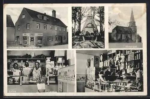 AK Windischholzhausen, Bäckerei und Kolonialwaren von Josef Schäfer, Kirche, Ehrenmal