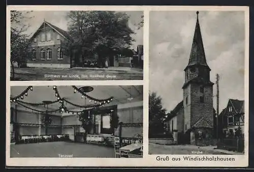 AK Windischholzhausen, Gasthaus zur Linde mit Tanzsaal, Kirche