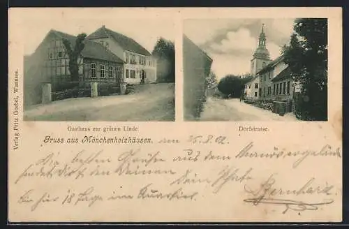 AK Mönchenholzhausen, Gasthaus zur grünen Linde, Dorfstrasse mit Kirche