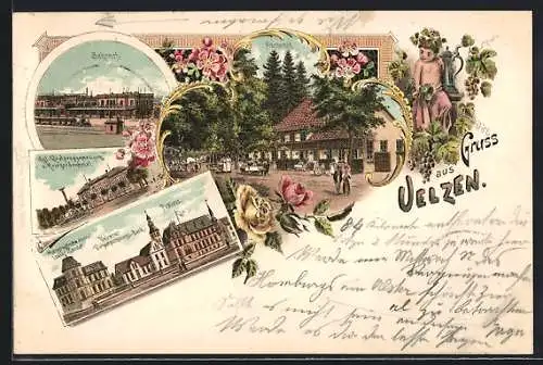 Lithographie Uelzen, Gasthaus Fischerhof, Königliches Realprogymnasium und Kriegerdenkmal, Bahnhof