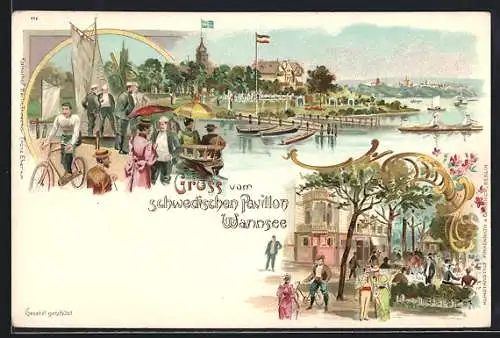 Lithographie Berlin-Wannsee, Schwedischer Pavillon, Leute rudern auf dem See