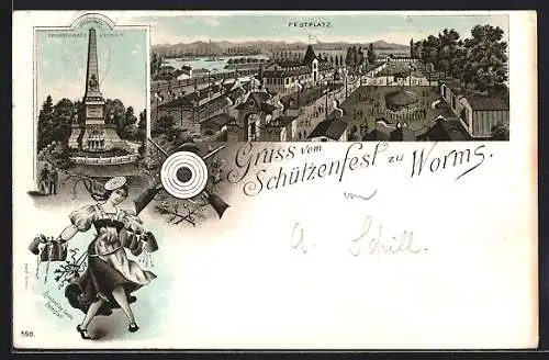 Vorläufer-Lithographie Worms, 1895, Schützenfest, Festplatz und Denkmal Grossherzog Ludwig IV.