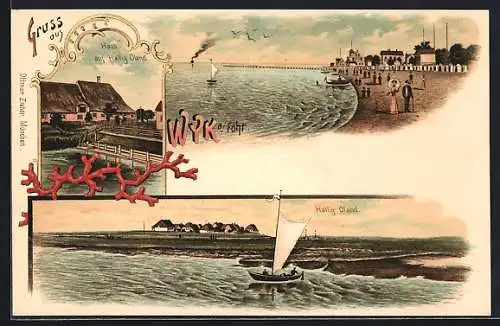 Lithographie Wyk a /Föhr, Hallig Oland, Strand mit Segelboot