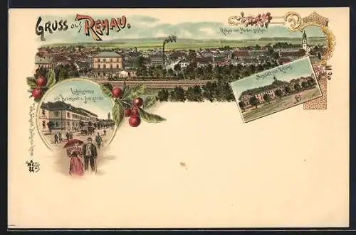 Lithographie Rehau, Ludwigstrasse mit Bezirksamt und Amtsgericht, Maxplatz mit Rathaus, Totalansicht