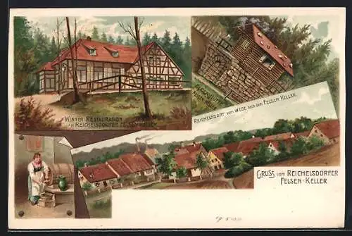 Lithographie Nürnberg-Reichelsdorf, Gasthaus Reichelsdorfer Felsen-Keller, Blockhütte am Felsen-Keller