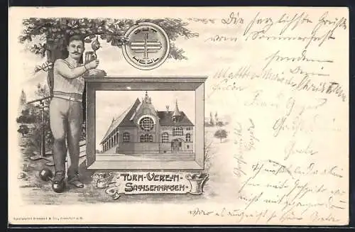 Lithographie Frankfurt-Sachsenhausen, Turnverein Sachsenhausen, Clubhaus, Athlet mit Hantel & Bierkrug