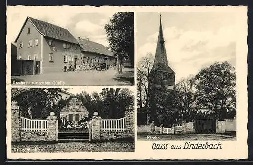 AK Linderbach, Gasthaus zur guten Quelle H. Seidler, Kriegerdenkmal und Kirche