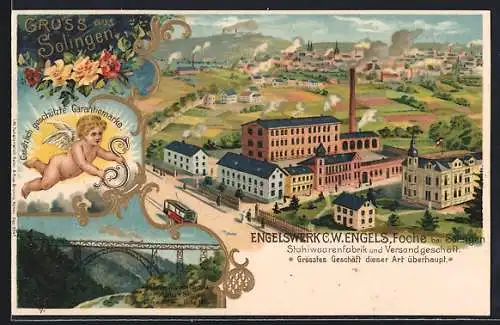 Lithographie Foche, Engelswerk C. W. Engels aus der Vogelschau, Stahlwarenfabrik