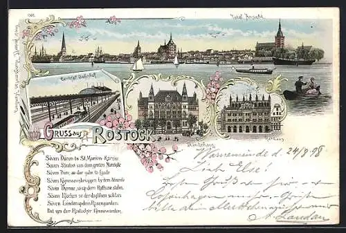 Lithographie Rostock, Central-Bahnhof, Ständehaus, Rathaus und Totalansicht