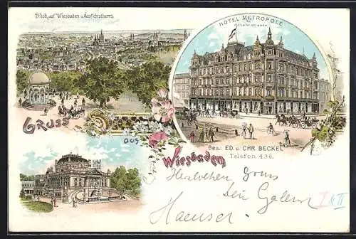 Lithographie Wiesbaden, Hotel Metropole in der Wilhelmstrasse, Neues Kgl. Theater