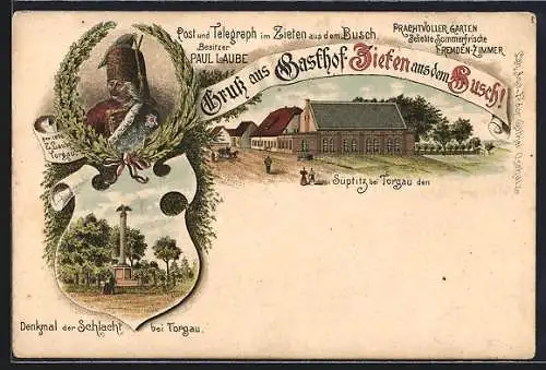 Lithographie Süptitz bei Torgau, Gasthof Zieten aus dem Busch, Schlachtdenkmal