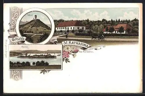 Lithographie Konstanz, Gasthaus-Biergarten St. Katharina, Tabor und Insel Mainau