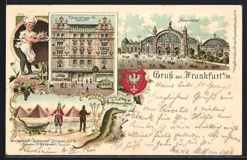 Lithographie Frankfurt /Main, Gasthaus zum Krokodil, Kaiserstrasse 55, Hauptbahnhof