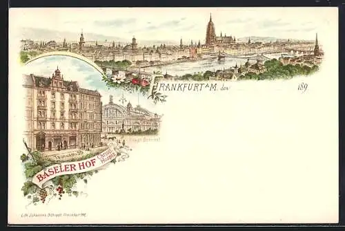 Lithographie Frankfurt a. M., Christliches Hospiz Baseler Hof, Taunusstr. 35, Teilansicht mit Kirche