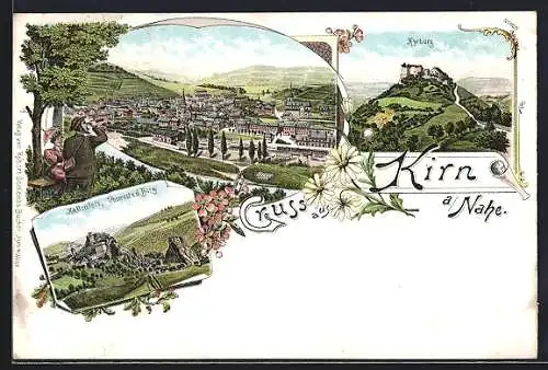 Lithographie Kirn a. Nahe, Ruine auf dem Kallenfels, Blick auf die Kyrburg, Totalansicht