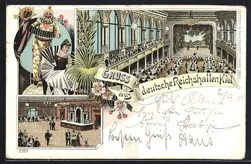 Lithographie Kiel, Deutsche Reichshallen, Innenansichten, Harlekin und Frau