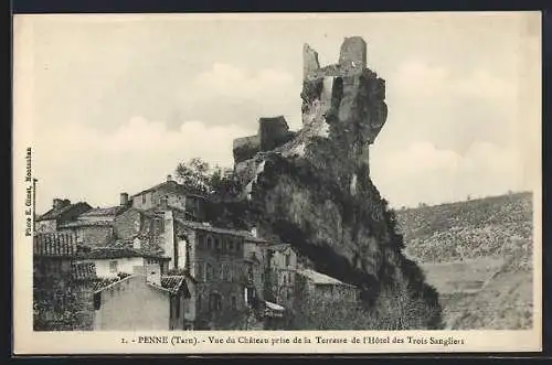 AK Penne, Vue du Chateau prise de la Terrasse de l`Hotel des Trois Sangliers