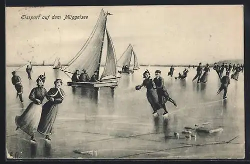 Künstler-AK Eissport auf dem Müggelsee mit Schlittschuhen