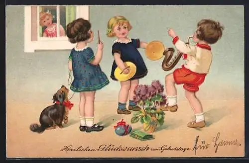 AK Kinder mit Hund geben ein Geburtstagsständchen für ihre Freundin