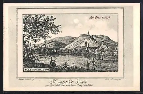 Künstler-AK Alt-Graz, Ortsansicht von der Südseite mit dem Berg Schökel 1825