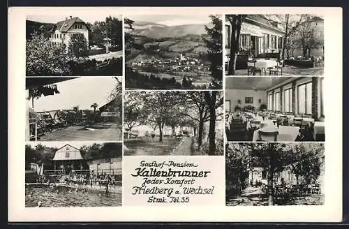 AK Friedberg a. Wechsel, Gasthof-Pension Kaltenbrunner, acht Ansichten vom Ort und Gasthof