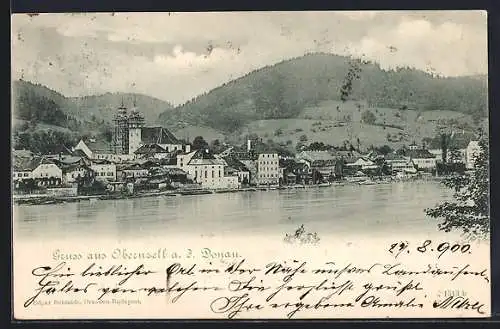 AK Obernzell a. d. Donau, Ortspanorama mit der Kirche im Bau