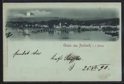 Mondschein-AK Aschach a. d. Donau, Gesamtansicht aus der Vogelschau