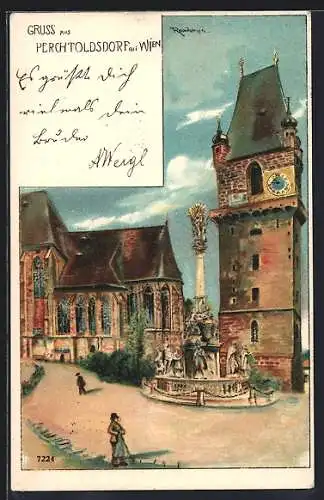 Lithographie Perchtoldsdorf, Ortsansicht mit Brunnen